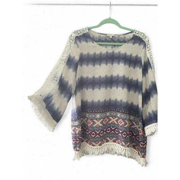 JODIFL Women’ Medium Blouse Boho Tassels Blue/ White Hippy Loose Fringe Bohemian - Picture 2 of 11